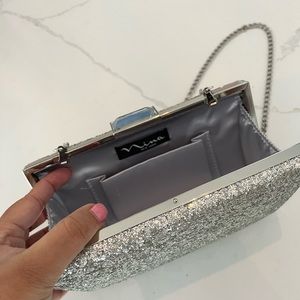 NINA Gia Silver Glitter Clutch NWOT